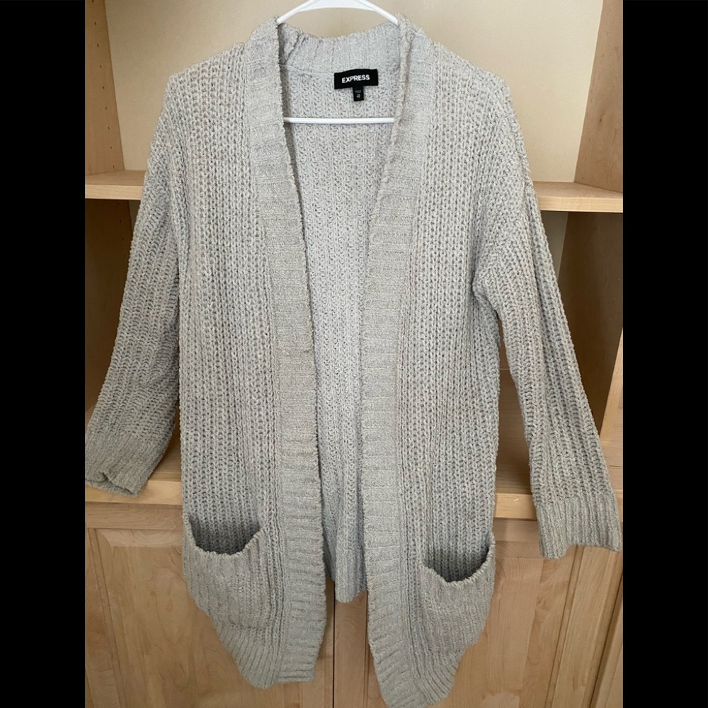 Express XS light gray open front cardigan.